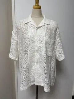 ホワイト 透かし編み 半袖シャツ