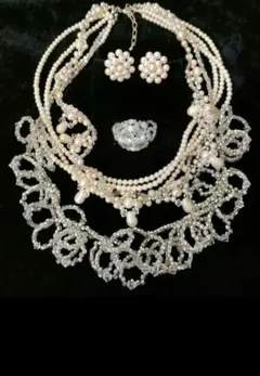 パール ヴィンテージガラス ショートネックレス リング イヤリング 3点 h71