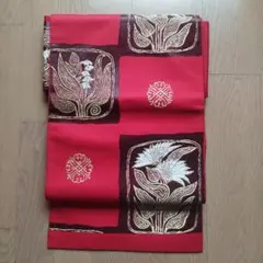 赤 花柄刺繍 名古屋帯