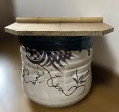 茶道具 織部焼　景陶（銘入）作　割蓋つき　水屋　水屋瓶　水がめ　蓋つき　箱なし