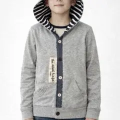 キッズ フード付きパーカー グレー ボーダー裏地　130