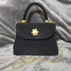 ブラックスエードハンドバッグ 花モチーフ