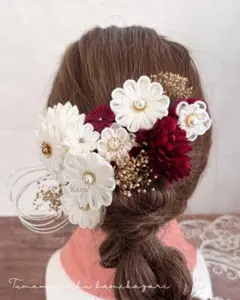 つまみ細工髪飾り ホワイト×レッド 赤 白 成人式 ブライダル 卒業式 七五三③
