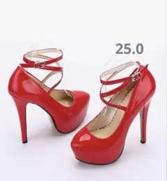 【未使用】ハイヒール 赤 25.0 ピンヒール ラウンドトゥ 靴擦れ防止シール付