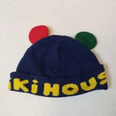 ミキハウス 耳付きニット帽 ネイビー レトロロゴ フリーサイズ