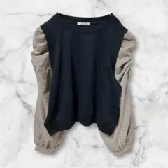 (ナイスクラップ)パフスリーブ長袖トップス バイカラー　ブラック　チェック　F