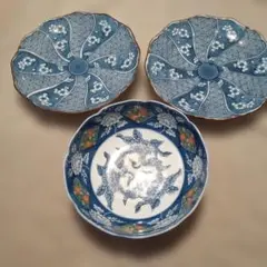 希少品】古伊万里 金襴手 なます皿 輪花 吉祥文様 染付 色絵金彩松竹梅