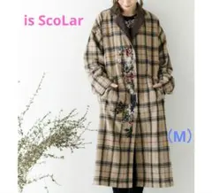 【美品】is ScoLar　刺繍柄　ロゴ入り　チェックロングコート　（М）