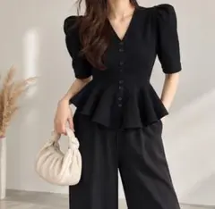 セットアップ 美ライン ペプラム ハーフスリーブニット ニットパンツ ブラック
