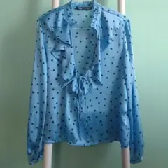 【未使用ZARA】 水色×黒ドット柄 フリル襟ブラウス