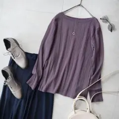 春パープルアーバンリサーチドアーズボートネックリブコットンカットソープルオーバー