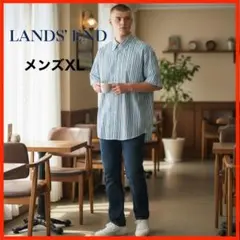 A4590★美品★LANDS' END*ストライプ半袖シャツ*XL*白/水色/黒のサムネイル