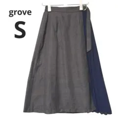 grove グローブ チェック柄 異素材 プリーツ切替 S 紺 ロングスカートのサムネイル