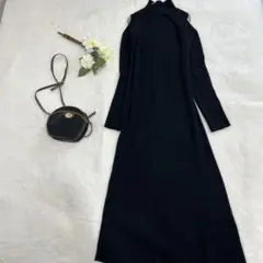 【ジーナシス】オープンショルダー ニットロングワンピース ハイネックa3022