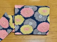 つけ帯 九寸名古屋帯 型絵染 紬 正絹 菊 青色 中古 yzk593