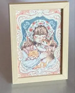 猫　女の子　イラスト　ポストカード　額縁