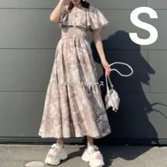 リエンダ フレアスリーブペイントフラワーワンピース ベージュ S