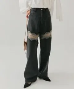 mystic ブラックデニム レース切り替え ワイドレッグ