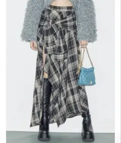 EVRIS スリーブデザインチェックアシンメトリースカート　ブラック