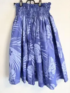 フラダンス スカート　パウスカート　青　植物柄