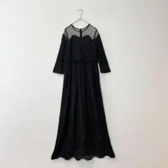 レースシースルー　ロングワンピース　黒　ブラック　38フォーマル　結婚式　透け感