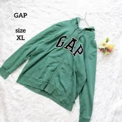 GAP ジップアップパーカー フーディー デカロゴ 刺繍ロゴ グリーン XL