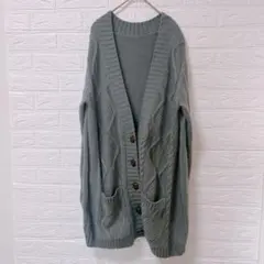 ケーブル編み ロングカーディガン グレー Lサイズ