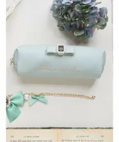 メゾフル　パールビジュー合皮リボンロングポーチ　ミントカラー