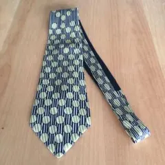 LANVIN ラネクタイ　濃紺　幅広　ストライプ　ドット　水玉　黄緑　シルク