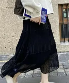 ブラック シフォン シースルースカート　シアー　ドット柄　ウエストゴム　ロング