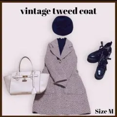ヴィンテージツイードコート　ピンク　M　レトロ　古着　秋冬　クラシカル