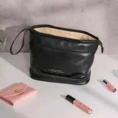大容量 ２層式 メイクポーチ レザー ブラック クラッチバッグ 収納ポケット
