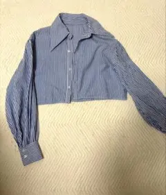 INGNI 青と白のストライプ クロップドシャツ