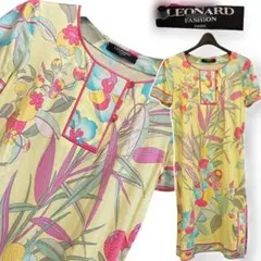 お得✨LEONARD 花柄 ワンピース Mイエロー　ピンク縁取り　あやめのサムネイル