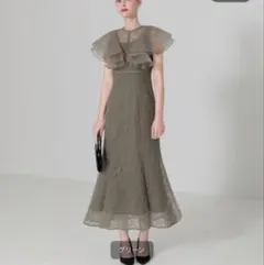 フリル半袖シアーレース花柄刺繍ウエストマークマーメイドワンピース