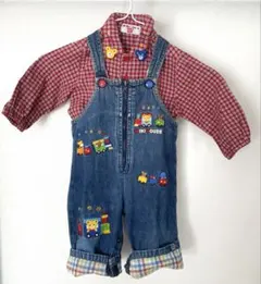 ☆☆ミキハウス(80)くま刺繍赤チェックネルシャツ＆刺繍サロペットセット☆☆