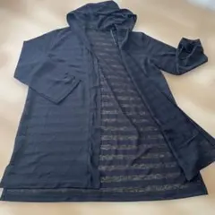 黒 シアー素材 フード付きロングカーディガン 薄手 羽織り