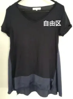 日本製自由区異素材切り替え Vネックカットソーネイビー自宅洗い可能size38のサムネイル