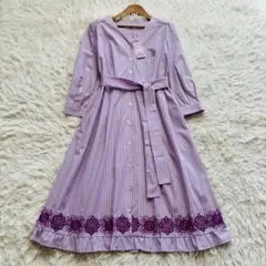 タグ付き未使用 TOCCA 刺繍シャツワンピース ライラック ストライプ L