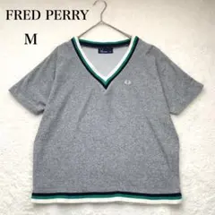 FRED PERRY Vネック半袖カットソー パイル生地 グレー M