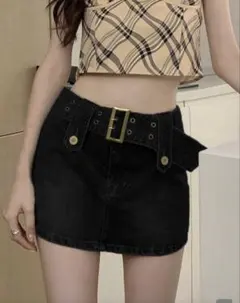 ウォッシュド デニムベルトキュロットショートパンツ XL