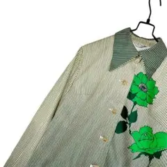 ヴィンテージ古着70s緑系総柄ストライプ花柄シャツブラウス長袖一点物レトロ