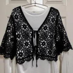 イング　黒レース編みショート丈カーディガン
