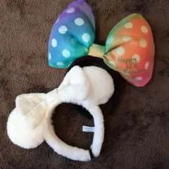 ディズニー　ミニー　カチューシャ　ホワイト　スパンコール　きらきら　レインボー