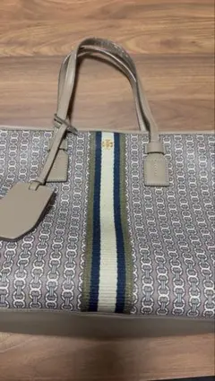 TORY BURCHベージュ ストライプ トートバッグ