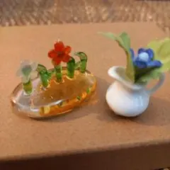 ミニチュア ガラス細工 花 陶器ミニチュア 水差し 2点セットのサムネイル