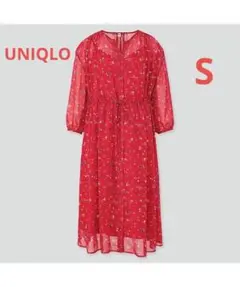 ユニクロ Joy of Print シフォンワンピース(7分袖）レッド　S