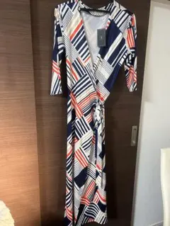 幾何学模様 ネイビー ラップロングドレス