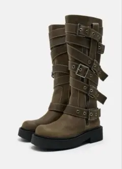 新品 タグ付 ZARA バックルレザーニーハイブーツ ブラウン 37 本革