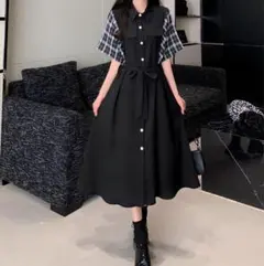 夏格子柄袖シャツワンピース ロングおしゃれリボン付きシンプル大きいサイズ